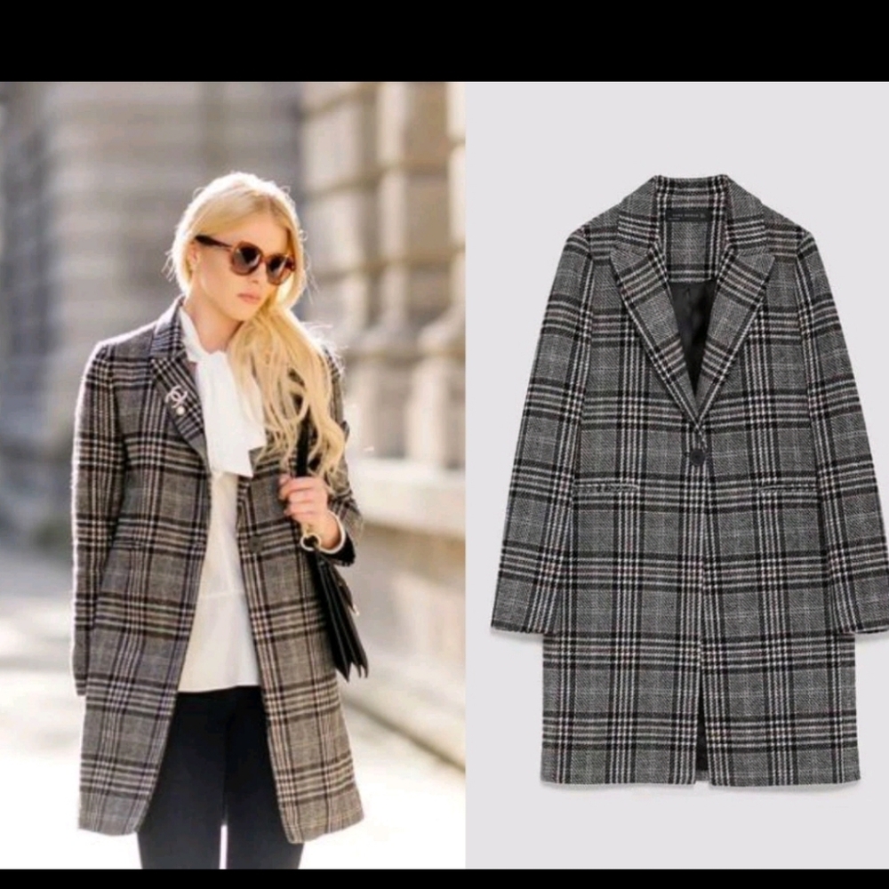 Gray Plaid Long Wool-Blend Coat - Women's Jacket